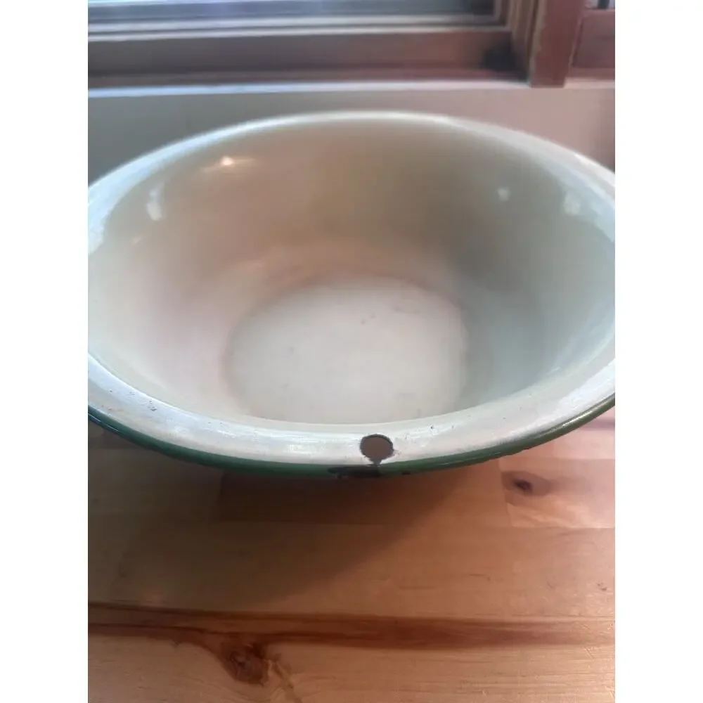 Vintage Enamelware Pitcher and Basin Wash Set Cream Green Rim Farmhouse Antique